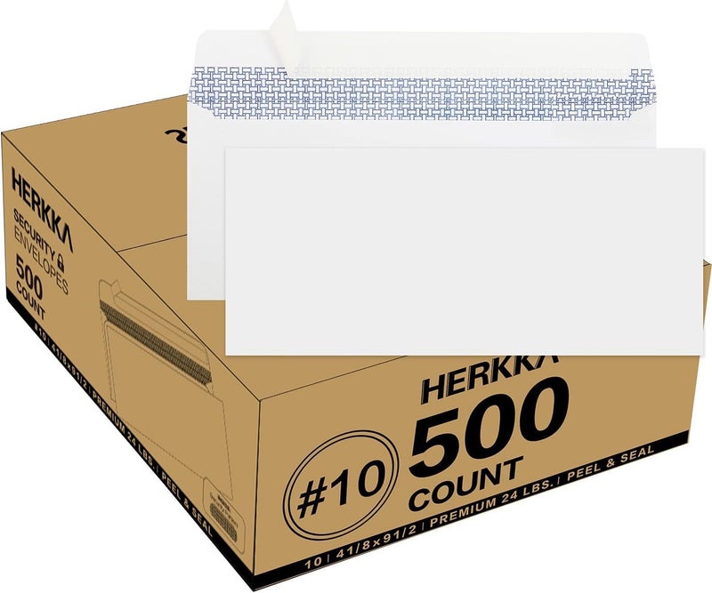 HERKKA #10 Security Self-Seal Envelopes, No.10 Windowless Bussiness Envelopes, Security Tinted with Printer Friendly Design - Size 4-1/8 x 9-1/2 Inch - White - 24 LB - 500 Pack - Image 1